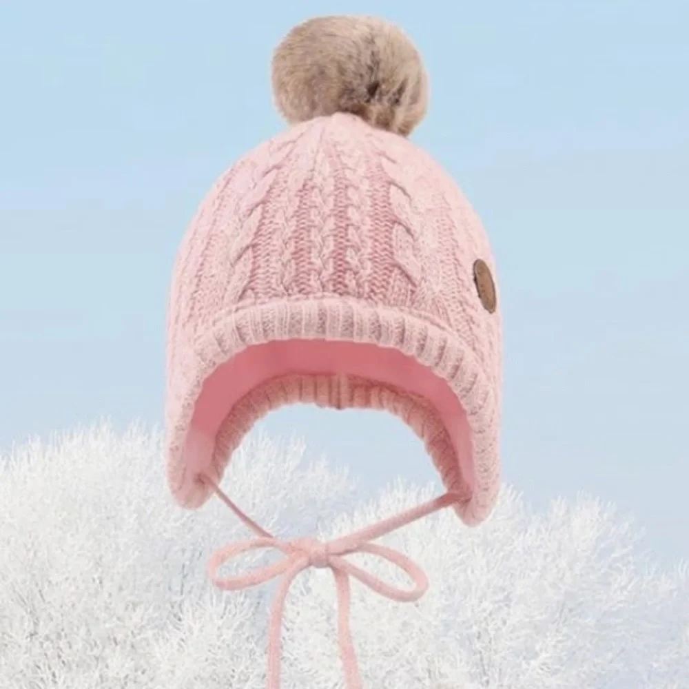 NEW! Baby Beanie Hat Infant Earflap Cap with Pom Pom Polyester Lined Pink